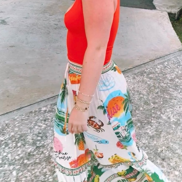 New Rachel Zoe Sunshine Paradise Palm Ocean Fish A-Line Tier Maxi Skirt - Picture 3 of 13